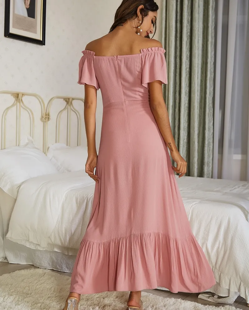 Abito lungo con spalle scoperte rosa loto Abito lungo elegante con volant con colletto retrò