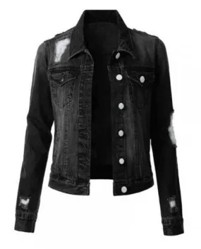 Cappotto per giacca di jeans da donna alla moda in tinta unita con fori strappati Autunno Inverno