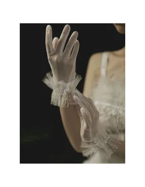 Guanti da sposa corti bianco seta con tulle a pois
