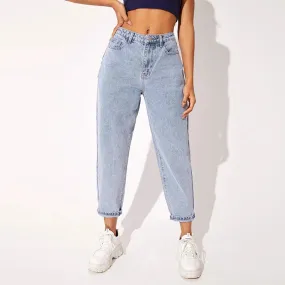 Jeans Donna Casual Vita Alta Denim Lavaggio Chiaro Elasticizzato Lampo Bottone Tasche Taschino